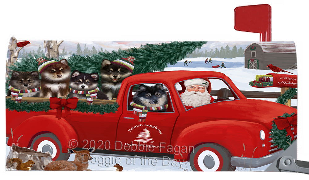 Christmas Santa Express Delivery Red Truck Finnish Lapphund Dogs Magnetic Mailbox Cover Both Sides Pet Theme Printed Decorative Letter Box Wrap Case Postbox Thick Magnetic Vinyl Material