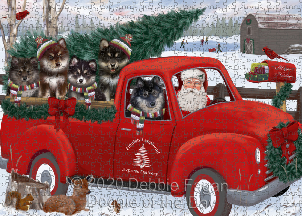 Christmas Santa Express Delivery Red Truck Finnish Lapphund Dogs Portrait Jigsaw Puzzle for Adults Animal Interlocking Puzzle Game Unique Gift for Dog Lover's with Metal Tin Box