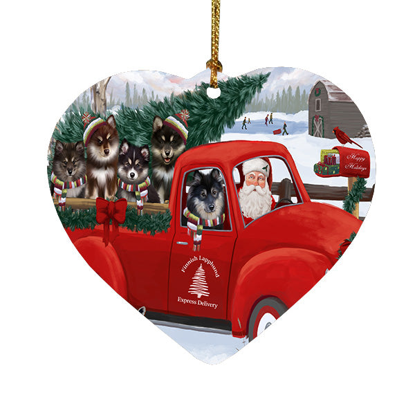 Christmas Santa Express Delivery Red Truck Finnish Lapphund Dogs Heart Christmas Ornament HPORA59241