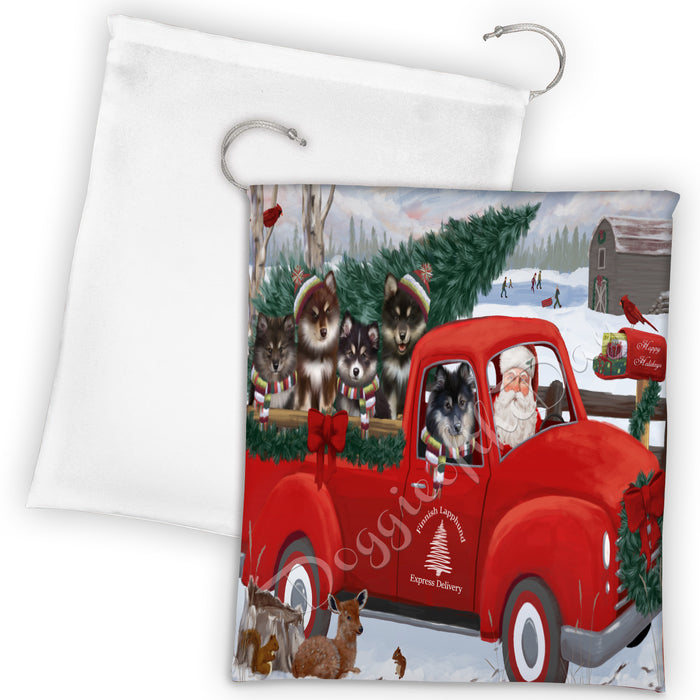 Christmas Santa Express Delivery Red Truck Finnish Lapphund Dogs Drawstring Laundry or Gift Bag LGB48306