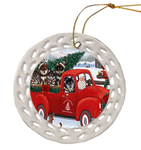 Christmas Santa Express Delivery Red Truck Finnish Lapphund Dogs Doily Ornament DPOR58877
