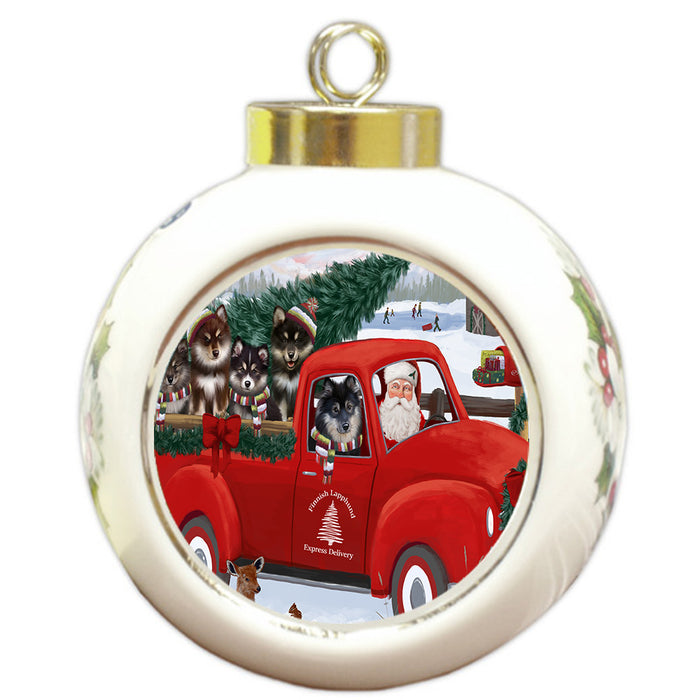 Christmas Santa Express Delivery Red Truck Finnish Lapphund Dogs Round Ball Christmas Ornament Pet Decorative Hanging Ornaments for Christmas X-mas Tree Decorations - 3" Round Ceramic Ornament
