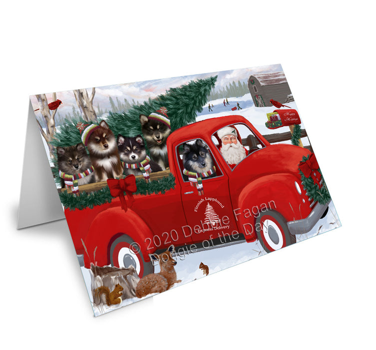 Christmas Santa Express Delivery Red Truck Finnish Lapphund Dogs  Handmade Artwork Assorted Pets Greeting Cards and Note Cards with Envelopes for All Occasions and Holiday Seasons
