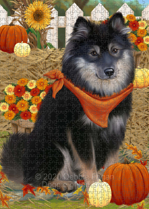 Fall Pumpkin Autumn Greeting Finnish Lapphund Dog Portrait Jigsaw Puzzle for Adults Animal Interlocking Puzzle Game Unique Gift for Dog Lover's with Metal Tin Box PZL750