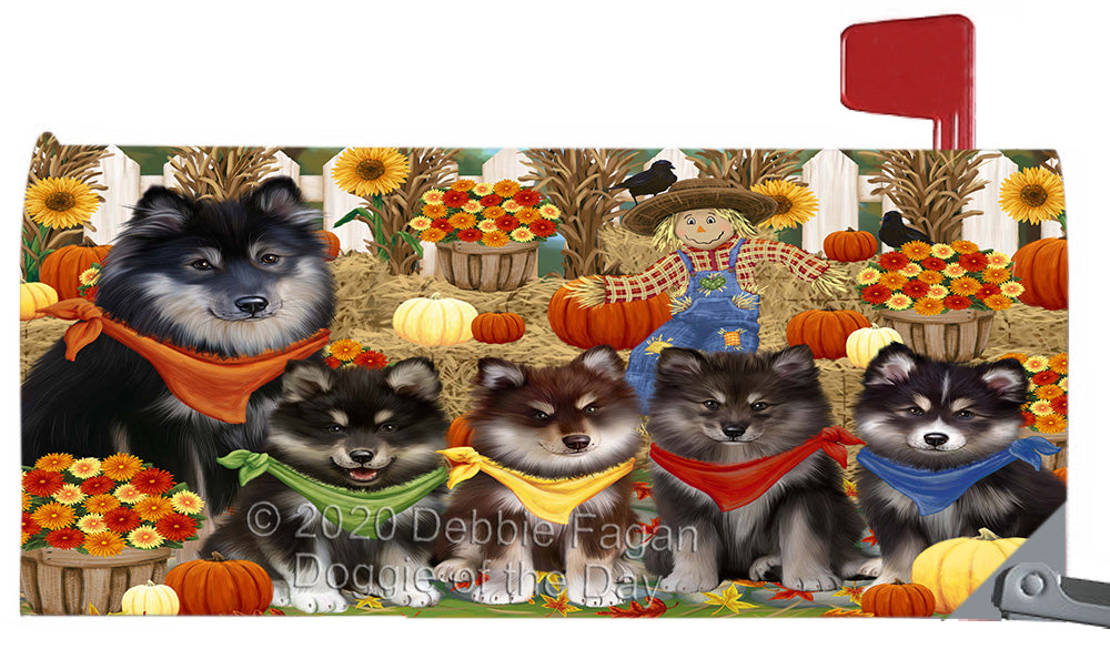 Fall Festive Gathering Finnish Lapphund Dogs Magnetic Mailbox Cover Both Sides Pet Theme Printed Decorative Letter Box Wrap Case Postbox Thick Magnetic Vinyl Material