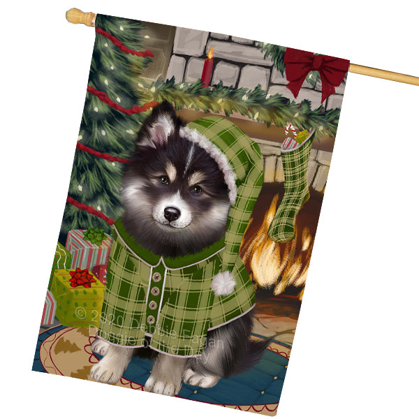 The Christmas Stocking was Hung Finnish Lapphund Dog House Flag Outdoor Decorative Double Sided Pet Portrait Weather Resistant Premium Quality Animal Printed Home Decorative Flags 100% Polyester FLGA69596