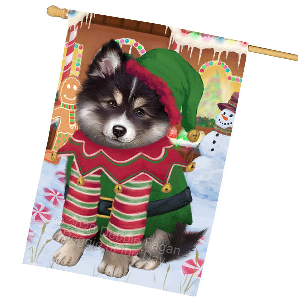 Christmas Gingerbread Elf Finnish Lapphund Dog House Flag Outdoor Decorative Double Sided Pet Portrait Weather Resistant Premium Quality Animal Printed Home Decorative Flags 100% Polyester