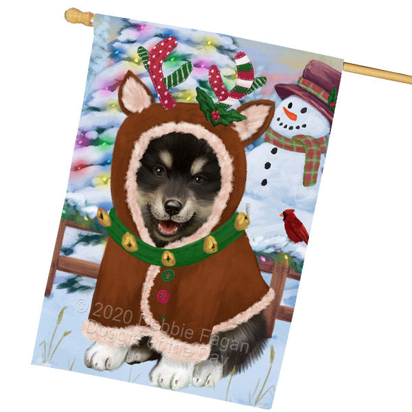 Christmas Gingerbread Reindeer Finnish Lapphund Dog House Flag Outdoor Decorative Double Sided Pet Portrait Weather Resistant Premium Quality Animal Printed Home Decorative Flags 100% Polyester
