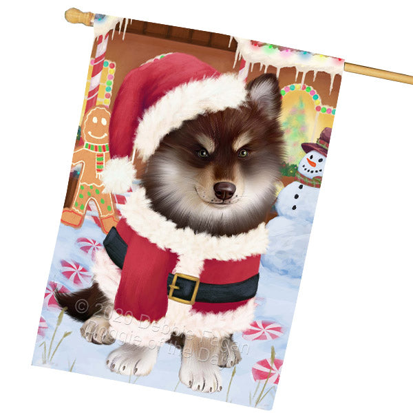 Christmas Gingerbread Candyfest Finnish Lapphund Dog House Flag Outdoor Decorative Double Sided Pet Portrait Weather Resistant Premium Quality Animal Printed Home Decorative Flags 100% Polyester