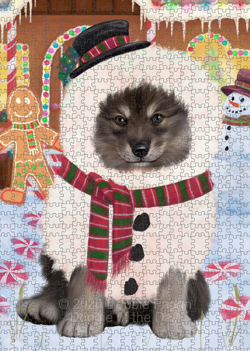 Christmas Gingerbread Snowman Finnish Lapphund Dog Portrait Jigsaw Puzzle for Adults Animal Interlocking Puzzle Game Unique Gift for Dog Lover's with Metal Tin Box
