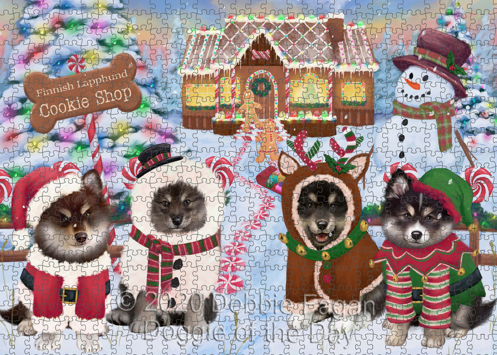Christmas Gingerbread Cookie Shop Finnish Lapphund Dogs Portrait Jigsaw Puzzle for Adults Animal Interlocking Puzzle Game Unique Gift for Dog Lover's with Metal Tin Box
