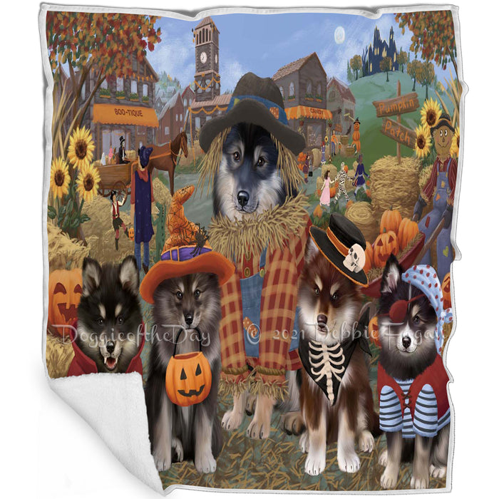 Halloween 'Round Town And Fall Pumpkin Scarecrow Both Finnish Lapphund Dogs Blanket BLNKT143614