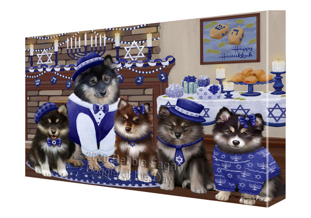 Happy Hanukkah Family Finnish Lapphund Dogs Canvas Wall Art - Premium Quality Ready to Hang Room Decor Wall Art Canvas - Unique Animal Printed Digital Painting for Decoration