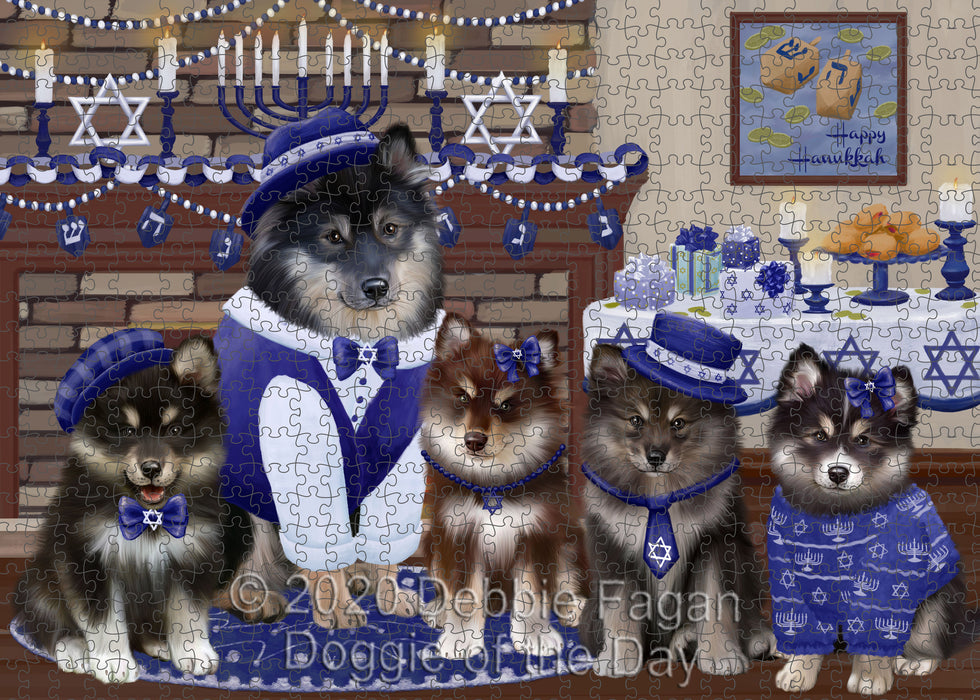 Happy Hanukkah Family Finnish Lapphund Dogs Portrait Jigsaw Puzzle for Adults Animal Interlocking Puzzle Game Unique Gift for Dog Lover's with Metal Tin Box