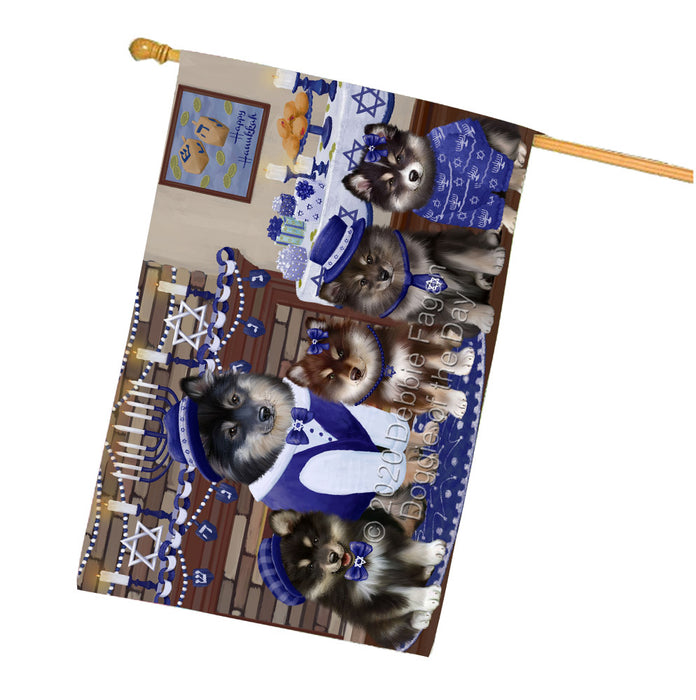 Happy Hanukkah Family Finnish Lapphund Dogs House Flag Outdoor Decorative Double Sided Pet Portrait Weather Resistant Premium Quality Animal Printed Home Decorative Flags 100% Polyester