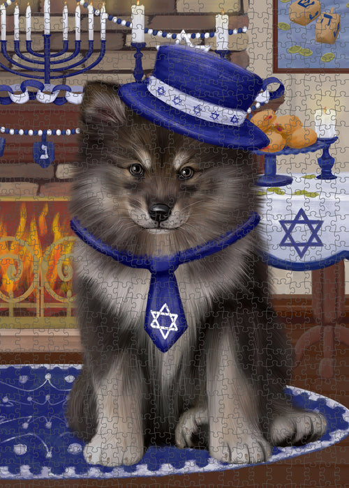 Happy Hanukkah Finnish Lapphund Dog Portrait Jigsaw Puzzle for Adults Animal Interlocking Puzzle Game Unique Gift for Dog Lover's with Metal Tin Box PZL478