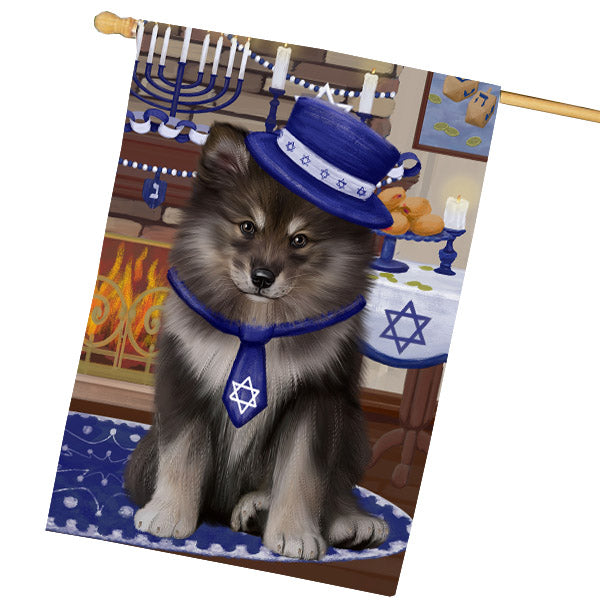 Happy Hanukkah Finnish Lapphund Dog House Flag Outdoor Decorative Double Sided Pet Portrait Weather Resistant Premium Quality Animal Printed Home Decorative Flags 100% Polyester