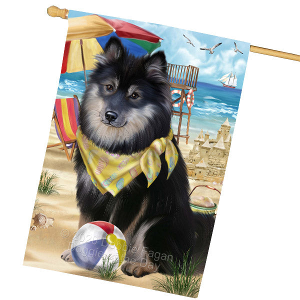 Pet Friendly Beach Finnish Lapphund Dog House Flag Outdoor Decorative Double Sided Pet Portrait Weather Resistant Premium Quality Animal Printed Home Decorative Flags 100% Polyester FLG68911