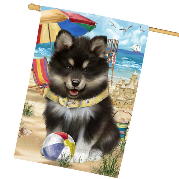 Pet Friendly Beach Finnish Lapphund Dog House Flag Outdoor Decorative Double Sided Pet Portrait Weather Resistant Premium Quality Animal Printed Home Decorative Flags 100% Polyester FLG68912