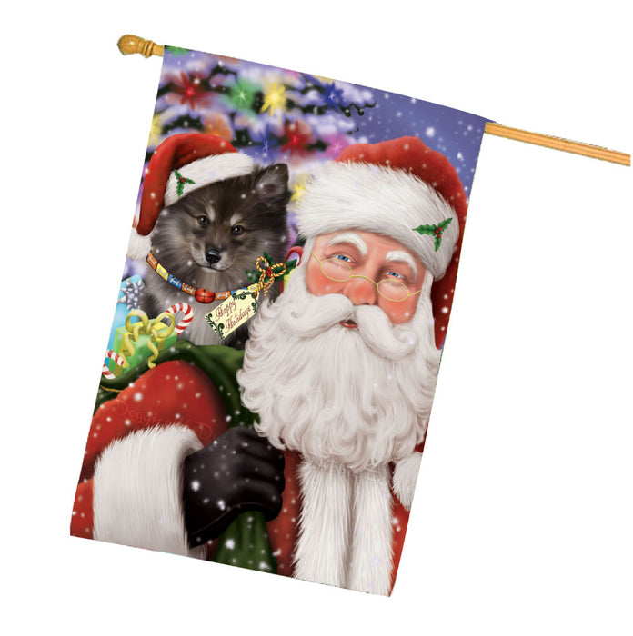 Christmas Santa with Presents and Finnish Lapphund Dog House Flag Outdoor Decorative Double Sided Pet Portrait Weather Resistant Premium Quality Animal Printed Home Decorative Flags 100% Polyester FLG68047