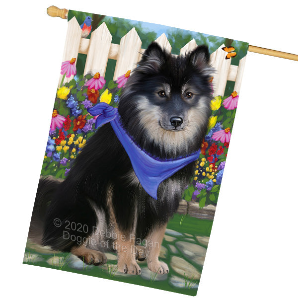 Spring Floral Finnish Lapphund Dog House Flag Outdoor Decorative Double Sided Pet Portrait Weather Resistant Premium Quality Animal Printed Home Decorative Flags 100% Polyester FLG69422