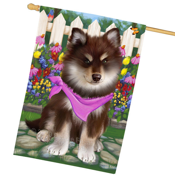 Spring Floral Finnish Lapphund Dog House Flag Outdoor Decorative Double Sided Pet Portrait Weather Resistant Premium Quality Animal Printed Home Decorative Flags 100% Polyester FLG69423
