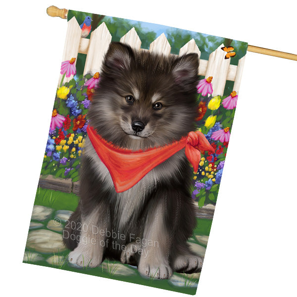Spring Floral Finnish Lapphund Dog House Flag Outdoor Decorative Double Sided Pet Portrait Weather Resistant Premium Quality Animal Printed Home Decorative Flags 100% Polyester FLG69424