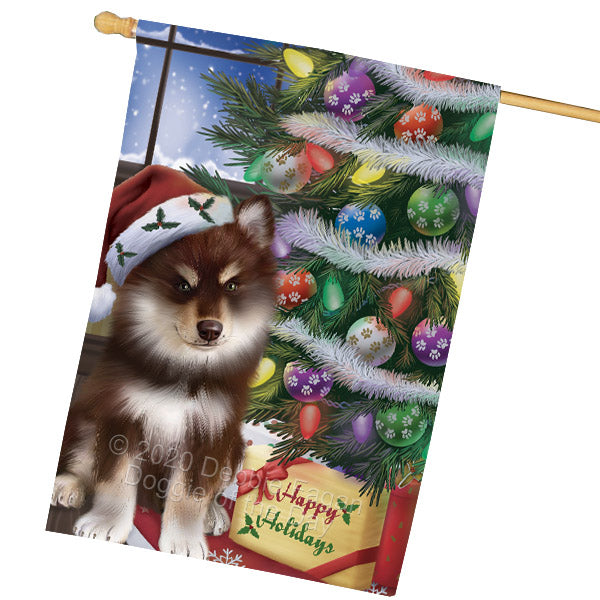Christmas Tree and Presents Finnish Lapphund Dog House Flag Outdoor Decorative Double Sided Pet Portrait Weather Resistant Premium Quality Animal Printed Home Decorative Flags 100% Polyester FLG69160