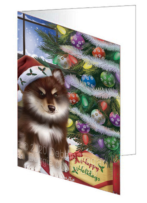 Christmas Tree and Presents Finnish Lapphund Dog Handmade Artwork Assorted Pets Greeting Cards and Note Cards with Envelopes for All Occasions and Holiday Seasons