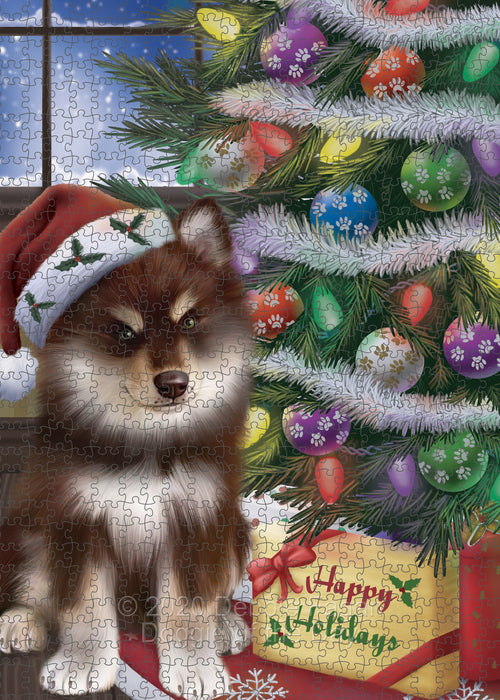Christmas Tree and Presents Finnish Lapphund Dog Portrait Jigsaw Puzzle for Adults Animal Interlocking Puzzle Game Unique Gift for Dog Lover's with Metal Tin Box PZL627