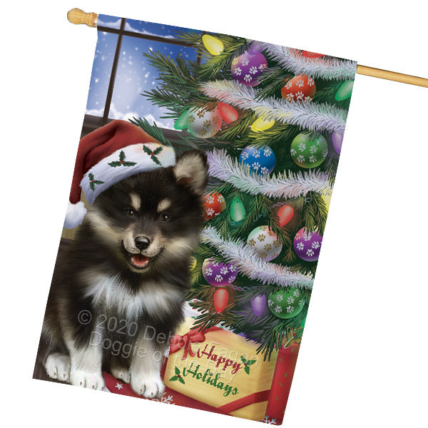 Christmas Tree and Presents Finnish Lapphund Dog House Flag Outdoor Decorative Double Sided Pet Portrait Weather Resistant Premium Quality Animal Printed Home Decorative Flags 100% Polyester FLG69161
