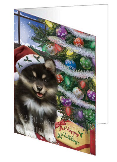 Christmas Tree and Presents Finnish Lapphund Dog Handmade Artwork Assorted Pets Greeting Cards and Note Cards with Envelopes for All Occasions and Holiday Seasons