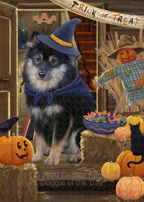 Enter at Your Own Risk Halloween Trick or Treat Finnish Lapphund Dogs Portrait Jigsaw Puzzle for Adults Animal Interlocking Puzzle Game Unique Gift for Dog Lover's with Metal Tin Box PZL533