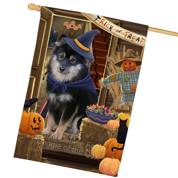 Enter at Your Own Risk Halloween Trick or Treat Finnish Lapphund Dogs House Flag Outdoor Decorative Double Sided Pet Portrait Weather Resistant Premium Quality Animal Printed Home Decorative Flags 100% Polyester FLG69050