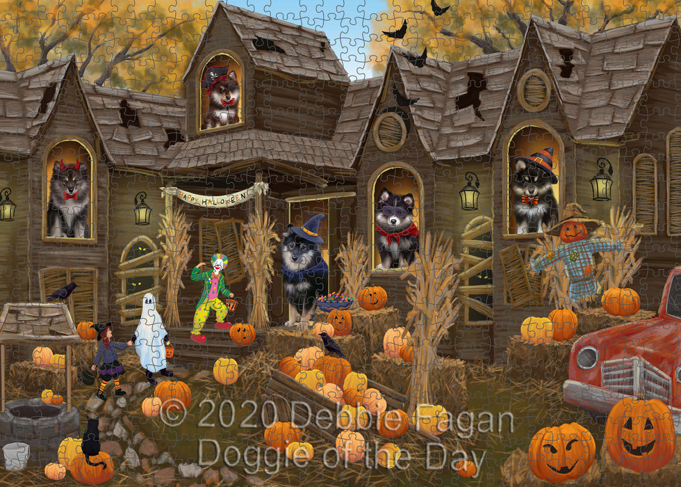 Haunted House Halloween Trick or Treat Finnish Lapphund Dogs Portrait Jigsaw Puzzle for Adults Animal Interlocking Puzzle Game Unique Gift for Dog Lover's with Metal Tin Box