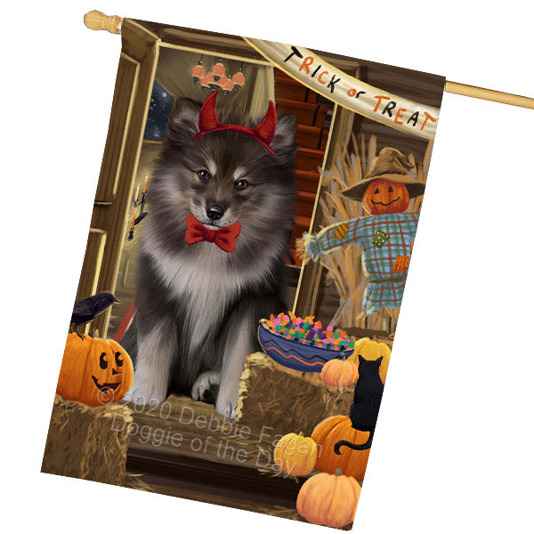 Enter at Your Own Risk Halloween Trick or Treat Finnish Lapphund Dogs House Flag Outdoor Decorative Double Sided Pet Portrait Weather Resistant Premium Quality Animal Printed Home Decorative Flags 100% Polyester FLG69051