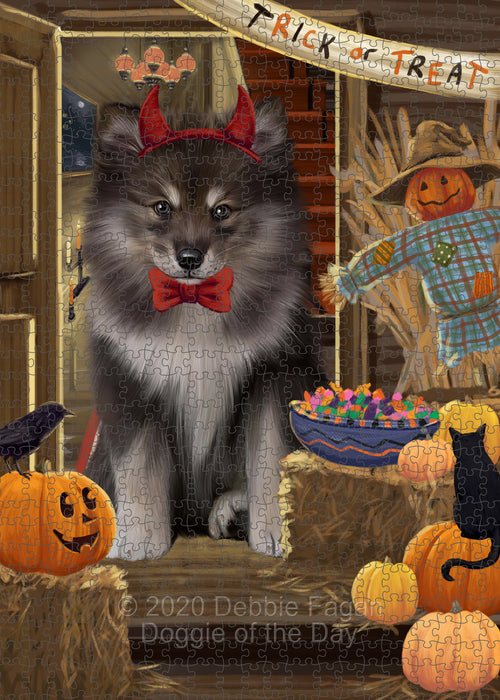 Enter at Your Own Risk Halloween Trick or Treat Finnish Lapphund Dogs Portrait Jigsaw Puzzle for Adults Animal Interlocking Puzzle Game Unique Gift for Dog Lover's with Metal Tin Box PZL534