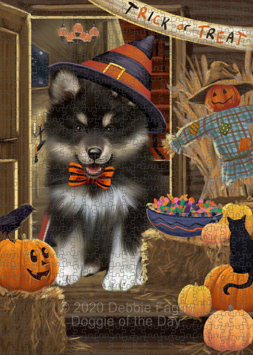 Enter at Your Own Risk Halloween Trick or Treat Finnish Lapphund Dogs Portrait Jigsaw Puzzle for Adults Animal Interlocking Puzzle Game Unique Gift for Dog Lover's with Metal Tin Box PZL535