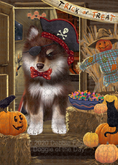 Enter at Your Own Risk Halloween Trick or Treat Finnish Lapphund Dogs Portrait Jigsaw Puzzle for Adults Animal Interlocking Puzzle Game Unique Gift for Dog Lover's with Metal Tin Box PZL536