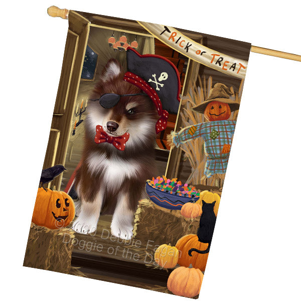 Enter at Your Own Risk Halloween Trick or Treat Finnish Lapphund Dogs House Flag Outdoor Decorative Double Sided Pet Portrait Weather Resistant Premium Quality Animal Printed Home Decorative Flags 100% Polyester FLG69053