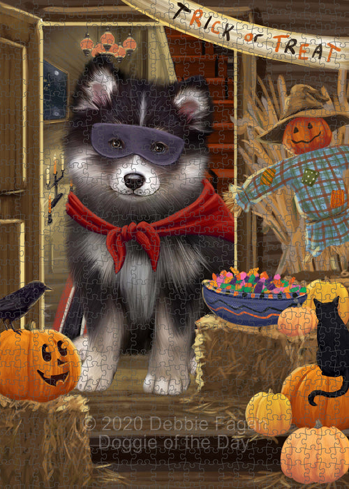 Enter at Your Own Risk Halloween Trick or Treat Finnish Lapphund Dogs Portrait Jigsaw Puzzle for Adults Animal Interlocking Puzzle Game Unique Gift for Dog Lover's with Metal Tin Box PZL537