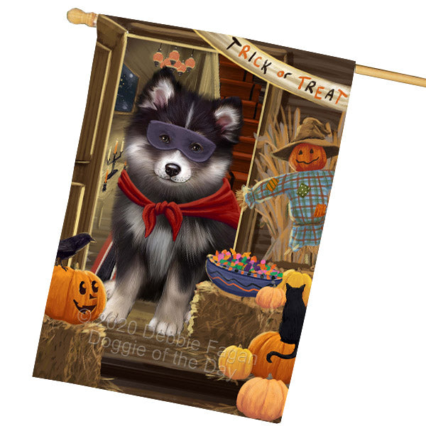 Enter at Your Own Risk Halloween Trick or Treat Finnish Lapphund Dogs House Flag Outdoor Decorative Double Sided Pet Portrait Weather Resistant Premium Quality Animal Printed Home Decorative Flags 100% Polyester FLG69054
