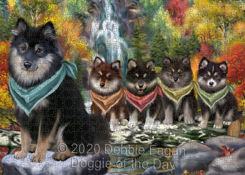 Scenic Waterfall Finnish Lapphund Dogs Portrait Jigsaw Puzzle for Adults Animal Interlocking Puzzle Game Unique Gift for Dog Lover's with Metal Tin Box