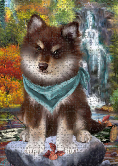 Scenic Waterfall Finnish Lapphund Dog Portrait Jigsaw Puzzle for Adults Animal Interlocking Puzzle Game Unique Gift for Dog Lover's with Metal Tin Box PZL678