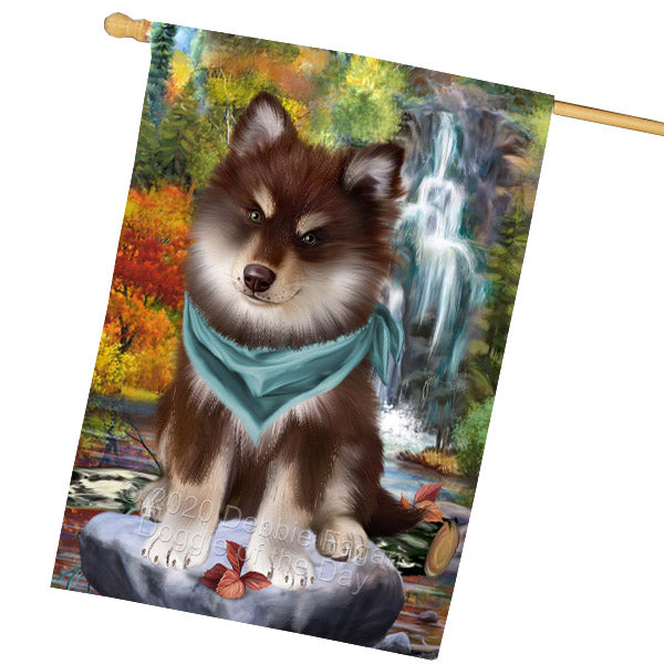 Scenic Waterfall Finnish Lapphund Dog House Flag Outdoor Decorative Double Sided Pet Portrait Weather Resistant Premium Quality Animal Printed Home Decorative Flags 100% Polyester FLG69259