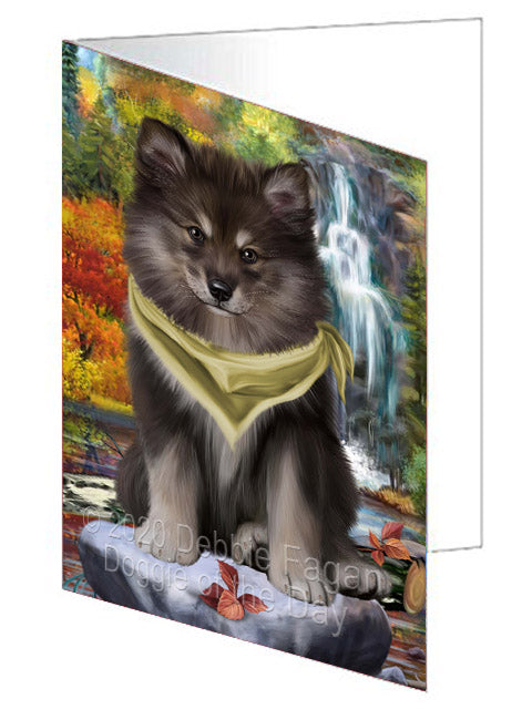 Scenic Waterfall Finnish Lapphund Dog Handmade Artwork Assorted Pets Greeting Cards and Note Cards with Envelopes for All Occasions and Holiday Seasons