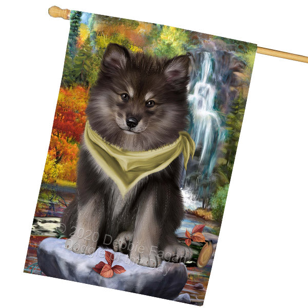 Scenic Waterfall Finnish Lapphund Dog House Flag Outdoor Decorative Double Sided Pet Portrait Weather Resistant Premium Quality Animal Printed Home Decorative Flags 100% Polyester FLG69260