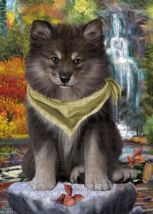 Scenic Waterfall Finnish Lapphund Dog Portrait Jigsaw Puzzle for Adults Animal Interlocking Puzzle Game Unique Gift for Dog Lover's with Metal Tin Box PZL679