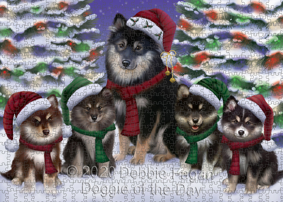 Christmas Happy Holidays Finnish Lapphund Dogs Family Portrait Portrait Jigsaw Puzzle for Adults Animal Interlocking Puzzle Game Unique Gift for Dog Lover's with Metal Tin Box