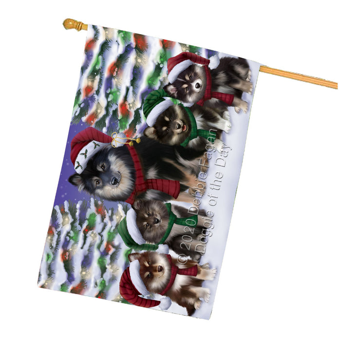 Christmas Happy Holidays Finnish Lapphund Dogs Family Portrait House Flag Outdoor Decorative Double Sided Pet Portrait Weather Resistant Premium Quality Animal Printed Home Decorative Flags 100% Polyester